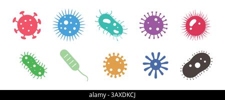 Bakterien, Mikroben, Virus-Umrissvektor-Symbolsatz. Mikroskopische Bakterium- und Bazillus-Sammlung, isoliert auf weißem Hintergrund. Stock Vektor