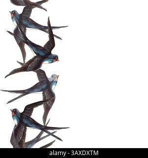 Schwalben Vögel quadratische Schablone mit vertikaler eleganter Vintage-Borte. Handgezeichnetes Tiergestell mit Frühlingsaquarell. Perfekt für Retro-Postkarten Stockfoto