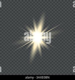 Weißes leuchtendes Licht explodiert auf einem transparenten Hintergrund. Mit Strahl. Transparente Sonne, heller Blitz. Spezieller Objektivlichteffekt. Stock Vektor