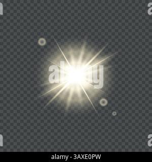 Weißes leuchtendes Licht explodiert auf einem transparenten Hintergrund. Mit Strahl. Transparente Sonne, heller Blitz. Spezieller Objektivlichteffekt. Stock Vektor