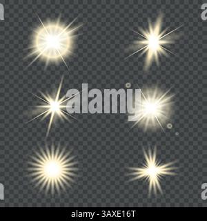 Weißes leuchtendes Licht explodiert auf einem transparenten Hintergrund. Mit Strahl. Transparente Sonne, heller Blitz. Spezieller Objektivlichteffekt. Stock Vektor