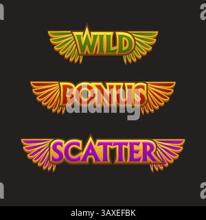Ägypten UI-Symbole Set-WILD, Bonus und Scatter für Casino- oder Slotspiele. Ägyptische goldene Flügel-Symbole Stock Vektor