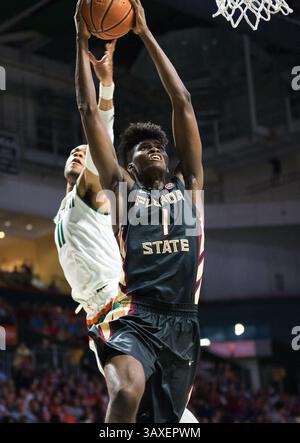 1. Februar 2017: Florida State Stürmer Jonathan Isaac (1) fährt während des NCAA Basketballspiels zwischen den Florida State University Seminoles und den University of Miami Hurricanes im Watsco Center in Coral Gables, Florida, zum Korb. Florida State besiegte Miami von 75 bis 57. Mario Houben/CSM(Kreditbild: &Copy; Mario Houben/CSM via ZUMA Wire) Stockfoto