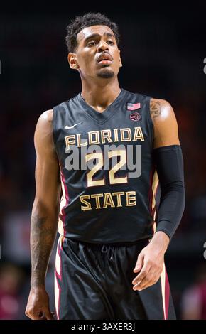 1. Februar 2017: Florida State Guard Xavier Rathan-Mayes (22) während des NCAA-Basketballspiels zwischen den Florida State University Seminoles und den University of Miami Hurricanes im Watsco Center in Coral Gables, Florida. Florida State besiegte Miami von 75 bis 57. Mario Houben/CSM(Kreditbild: &Copy; Mario Houben/CSM via ZUMA Wire) Stockfoto