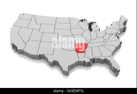 Karte des Bundesstaates Arkansas isoliert auf weiß. Stockfoto
