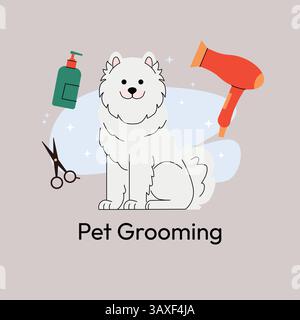 Vektor-Illustration der Tierpflege. Süßer flauschiger weißer Hund, der mit Pflegeutensilien wie Schere, Haarfön und Shampoo sitzt. Minimalistisches Design Stock Vektor