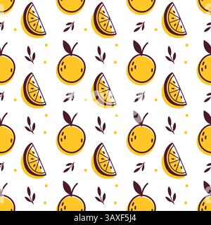 Nahtloses Muster mit ganzen Orangen und Scheiben im Doodle Flat Style. Lustiges und frisches Zitrusdesign im Doodle-Stil. Ideal für Verpackungen, Stoffe und Stock Vektor