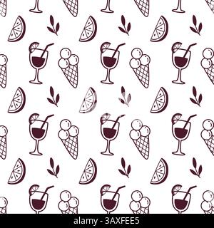Nahtloses Sommermuster mit Eis, Zitrusscheiben und Cocktails im monochromen Doodle-Stil Stock Vektor