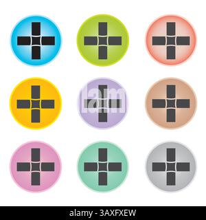 Satz von neun Kreuzsymbolen in Kreisen Vektordesign mehrfarbig Stock Vektor