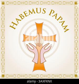 Illustration Gebet mit Händen vor dem Kreuz mit Flamme und konzentrischen Kreisen, Habemus Papam, Vektor Stock Vektor