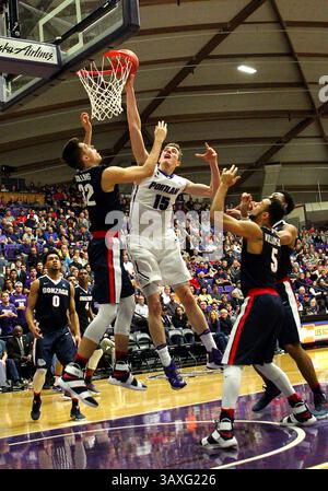 23. Januar 2017: Das Portland Pilots Center Philipp Hartwich (15) wirft einen Schuss über den Gonzaga Bulldogs Stürmer Zach Collins (32) während des NCAA Men's Basketball Spiels zwischen den Gonzaga Bulldogs und den Portland Piloten im Chiles Center, Portland, OR. Larry C. Lawson/CSM(Kreditbild: &Copy; Larry C. Lawson/CSM via ZUMA Wire) Stockfoto
