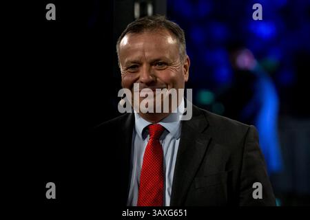 Der britische Geschäftsmann und politische Geldgeber Arron Banks stand während der Wahlkampagne Reform partyÕs vor Ort und Bürgermeister in der Utilita Arena in Birmingham. Stockfoto