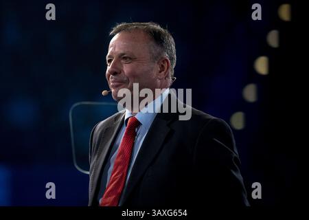 Der britische Geschäftsmann und politische Geldgeber Arron Banks stand während der Wahlkampagne Reform partyÕs vor Ort und Bürgermeister in der Utilita Arena in Birmingham. Stockfoto