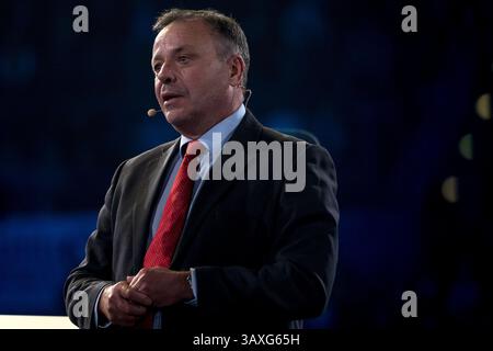 Der britische Geschäftsmann und politische Geldgeber Arron Banks stand während der Wahlkampagne Reform partyÕs vor Ort und Bürgermeister in der Utilita Arena in Birmingham. Stockfoto