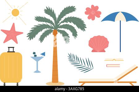 Tropischer Sommerstrand und Reiseset. Urlaub Meer Freizeit Elemente isoliert wie Palmen und Chaiselongue. Kollektion für Design. Stock Vektor