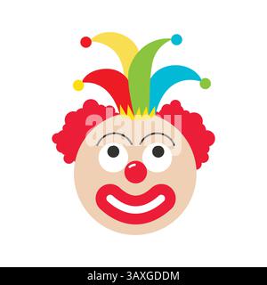 Lustiges Clowngesicht mit farbenfrohem Narrenhut und roter Nase für Partyspaß Stock Vektor