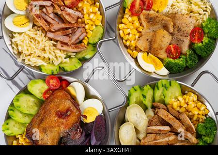 Top View gesunde Mahlzeit mit verschiedenen Zutaten in horizontaler Zusammensetzung Stockfoto