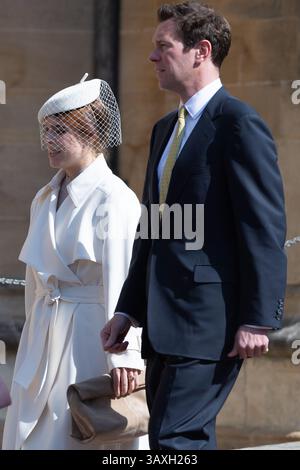 Windsor, Großbritannien. April 2025. Prinzessin Eugenie und ihr Ehemann Jack Brooksbank kommen zum Ostersonntagmorgen-Gottesdienst in der St. George's Chapel, Windsor Castle, Berkshire. Kredit: Maureen McLean/Alamy Stockfoto