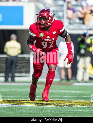 31. Dezember 2016 – Orlando, FL, USA S: Louisville Cardinals Linebacker Devonte Fields (92) während des Buffalo Wild Wings Bowl gegen die LSU Tigers im Camping World Stadium in Orlando, FL. Romeo T Guzman/CSM(Kreditbild: &Copy; Romeo Guzman/CSM via ZUMA Wire) Stockfoto