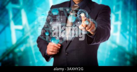 Blue-Chip-Geschäftsmann, der künstliche neuronale Netzwerkschnittstelle aktiviert. Informatikkonzept für maschinelles Lernen, Mustererkennung, künstliches i Stockfoto