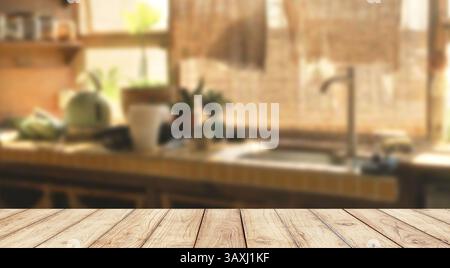 Leerer Holztisch mit verschwommener Vintage Küche auf Hintergrund Stockfoto