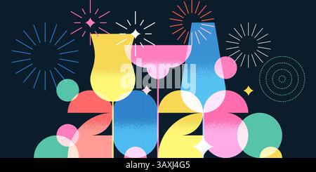2026 Silvesterparty-Banner, Poster mit bunten Cocktails, Wein, Champagner, Feuerwerk. Illustration der Vektorabwicklung. Alkoholisches, alkoholfreies Getränk Stock Vektor