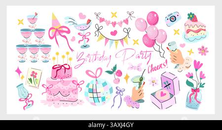 Coquette Geburtstagsparty Set eine niedliche handgezeichnete Vektorkollektion mit Kuchen, Geschenken, Ballons, Bändern und Party-Elementen in Pastelltönen, perfekt für Stock Vektor
