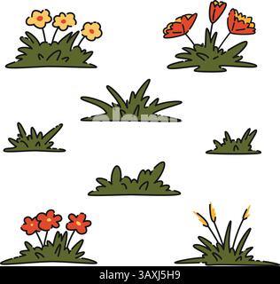 Zeichentricksammlung der netten Grassträucher und Blumensträucher, Vektor-Sommer-Illustration Set Stock Vektor