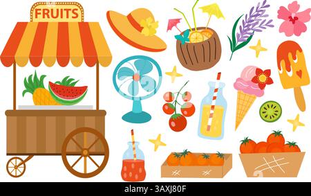 Straße mit Bio-Lebensmitteln. Essensmarktstände mit Obst und Gemüse. Vektor-Karikatur hölzerne Marktplatzzelte mit Bauernhof-Produkten. Stock Vektor