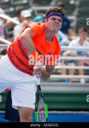 21. Februar 2017: Milos Raonic aus Kanada spielt im Delray Beach Stadium & Tennis Center in Delray Beach, Florida, USA gegen Tim Smyczek, USA, während eines ersten Rundenspiels des professionellen Tennisturniers Delray Beach Open 2017. Milos Raonic besiegte Tim Smyczek mit 6:1 6:4. Mario Houben/CSM(Kreditbild: &Copy; Mario Houben/CSM via ZUMA Wire) Stockfoto