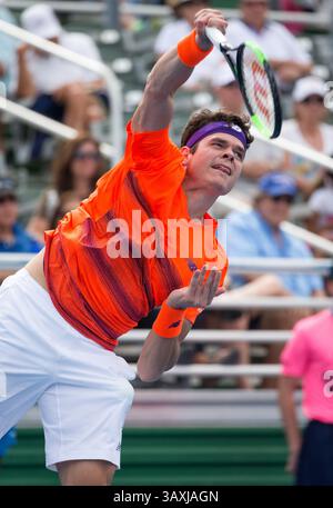 21. Februar 2017: Milos Raonic aus Kanada spielt im Delray Beach Stadium & Tennis Center in Delray Beach, Florida, USA gegen Tim Smyczek, USA, während eines ersten Rundenspiels des professionellen Tennisturniers Delray Beach Open 2017. Milos Raonic besiegte Tim Smyczek mit 6:1 6:4. Mario Houben/CSM(Kreditbild: &Copy; Mario Houben/CSM via ZUMA Wire) Stockfoto