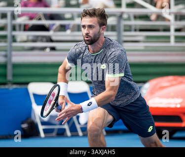 21. Februar 2017: Tim Smyczek aus den Vereinigten Staaten, im Kampf gegen Milos Raonic, Kanada, während eines ersten Rundenspiels des professionellen Tennisturniers der Delray Beach Open 2017, spielte im Delray Beach Stadium & Tennis Center in Delray Beach, Florida, USA. Milos Raonic besiegte Tim Smyczek mit 6:1 6:4. Mario Houben/CSM(Kreditbild: &Copy; Mario Houben/CSM via ZUMA Wire) Stockfoto