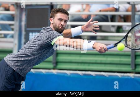 21. Februar 2017: Tim Smyczek aus den Vereinigten Staaten trifft auf Milos Raonic, Kanada, während eines ersten Rundenspiels des professionellen Tennisturniers Delray Beach Open 2017, das im Delray Beach Stadium & Tennis Center in Delray Beach, Florida, USA ausgetragen wurde. Milos Raonic besiegte Tim Smyczek mit 6:1 6:4. Mario Houben/CSM(Kreditbild: &Copy; Mario Houben/CSM via ZUMA Wire) Stockfoto