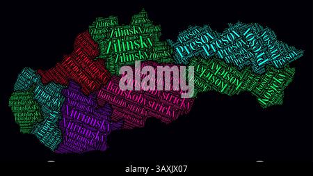Slowakei Regionen Wortwolken. Helles Neondesign auf dunklem Hintergrund. Regionale Namen des Landes in slowakischer Sprache. Stock Vektor