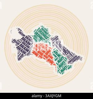 Poster Der Runde Turkmenistans. Typographische Darstellung des Landes. Regionen Wortwolken von Turkmenistan. Vintage-Design mit Kratzstruktur. Stock Vektor