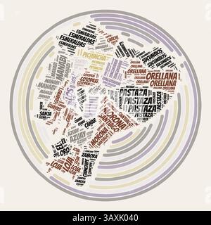 Poster Rund Um Ecuador. Typographische Darstellung des Landes. Regionen Wort Wolken von Ecuador. Vintage-Design mit Kratzstruktur. Stock Vektor