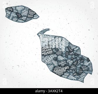 Malta Regionen Wortwolken. Länderform auf strukturiertem Hintergrund. Malta-Design im typografischen Stil. Stilvolle Vektorillustration. Stock Vektor