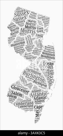 New Jersey Text Style Counties. Name von Wortwolken in englischer Sprache. Moderne Vektorillustration. Stock Vektor
