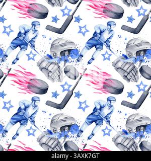 Hockeyspieler mit Stöcken in Bewegung, Puckfliegen in einer purpurroten Feuerflamme, Puck, Stars und schwarze Skates, Helm, Handschuh, Spritzer, handgezeichnete Illustrationen Stockfoto