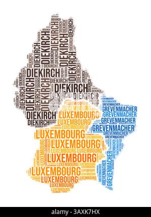 Wortwolke für die Region Luxemburg. Ländliches Design. Luxemburgische farbige Abbildung. Bereichsnamen Collage Cloud. Vektorabbildung. Stock Vektor