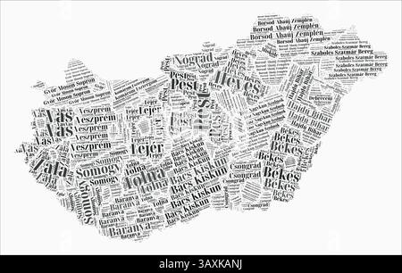 Regionen mit ungarischem Textstil. Länderregion nennt Wortwolken in ungarischer Sprache. Klassische Vektorillustration. Stock Vektor