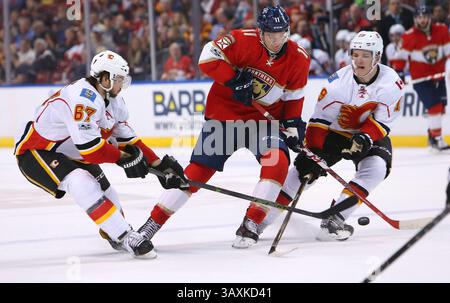 24. Februar 2017 - Sunrise, FL, USA - Jonathan Huberdeau (11) der Florida Panthers (11) geht am Freitag, 24. Februar 2017, gegen Michael Frolik (67) und Matthew Tkachuk (19) im BB&T Center in Sunrise, Fla., gegen die Calgary Flames. (Bild: © David Santiago/TNS via ZUMA Wire) Stockfoto