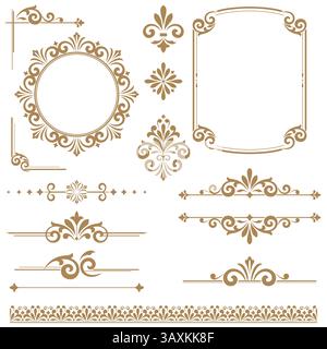 Vintage-Vektor-Set. Blumenelemente für Designmonogramme, Einladungen, Rahmen, Menüs und Etiketten. Grafische Gestaltung der Website, Cafés, Boutiquen, Hotels, Hochzeitseinladungen. Stock Vektor
