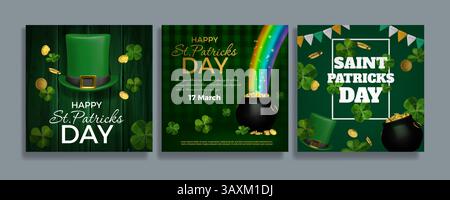 St. Patrick Day. Irischer Leprechaun. Poster für nationale Feiertagsparty. Topf mit Goldmünzen. Glücksklee. Grüner Hut und Glücksgeld. Irland Festival. Keltisch Stock Vektor