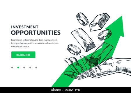 Menschliche Hand, die Goldbarren und Münzen auf grünem Pfeil hält. Geschäftskonzept für Investitionen, Kosteneinsparungen und Finanzwachstum. Handgezeichneter Vektor SK Stock Vektor