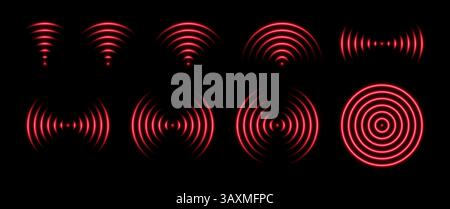 Radarwellen mit Neonlicht. WLAN-Signalsensor und Funkfrequenzen. Scannen und Erkennen von Hindernissen oder Zielen. Satz von roten abstrakten Vektorsymbolen. Stock Vektor