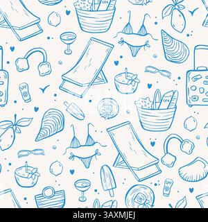 Sea LIFE Doodle Hand gezeichnetes nahtloses Muster. Mediterranes Leben in blauer Farbe Stock Vektor