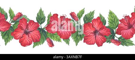 Roter Hibiskus-exotischer Blütenrand in Aquarelltechnik Stockfoto