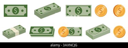 Satz von Banknoten und Münzen isoliert auf weißem Hintergrund. Set mit Goldmünzen-Symbolen. Dollar. Illustration des flachen Vektors Stock Vektor