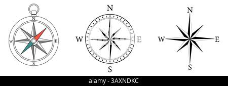 Kompass-Symbolgruppe. Einfarbiger Navigationskompass mit den Himmelsrichtungen Nord, Ost, Süd, West. Geografische Position, Kartographie und Navigation Stock Vektor